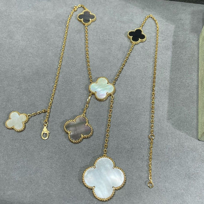 [Royal&Vicky]CLOVER 6 MOTIF MOP ONYX GOLD NECKLACE