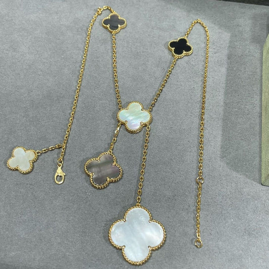 [Royal&Vicky]CLOVER 6 MOTIF MOP ONYX GOLD NECKLACE