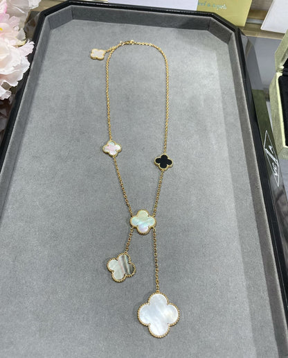 [Royal&Vicky]CLOVER 6 MOTIF MOP ONYX GOLD NECKLACE