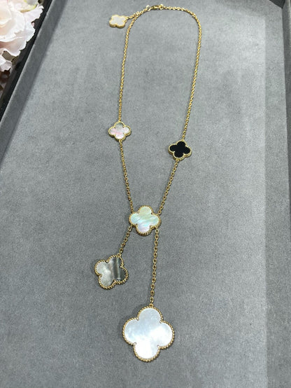 [Royal&Vicky]CLOVER 6 MOTIF MOP ONYX GOLD NECKLACE