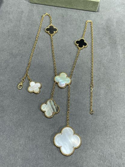 [Royal&Vicky]CLOVER 6 MOTIF MOP ONYX GOLD NECKLACE