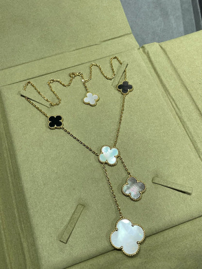 [Royal&Vicky]CLOVER 6 MOTIF MOP ONYX GOLD NECKLACE