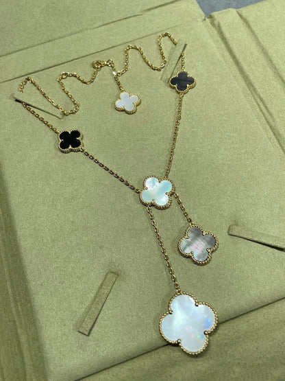[Royal&Vicky]CLOVER 6 MOTIF MOP ONYX GOLD NECKLACE