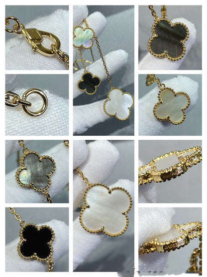 [Royal&Vicky]CLOVER 6 MOTIF MOP ONYX GOLD NECKLACE