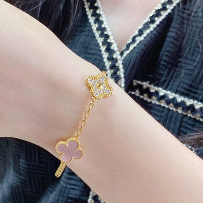 [Royal&Vicky]CLOVER 5 MOTIF DIAMOND PINK MOP PINK GOLD BRACELET