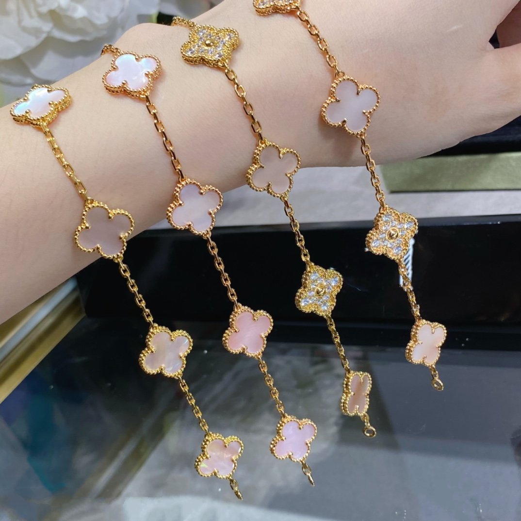 [Royal&Vicky]CLOVER 5 MOTIF DIAMOND PINK MOP PINK GOLD BRACELET