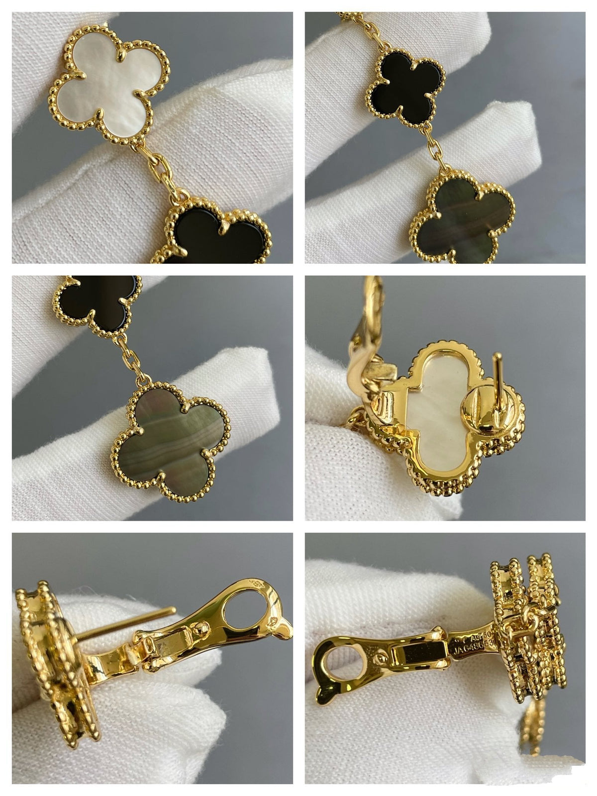[Royal&Vicky]CLOVER 3 MOTIF MOP ONYX DARK MOP PINK GOLD EARRINGS