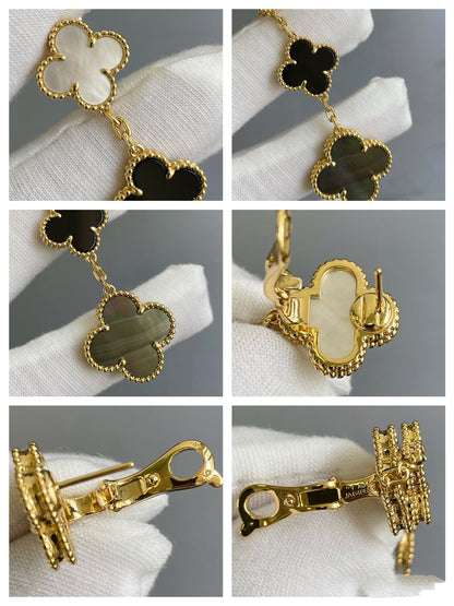 [Royal&Vicky]CLOVER 3 MOTIF MOP ONYX DARK MOP PINK GOLD EARRINGS