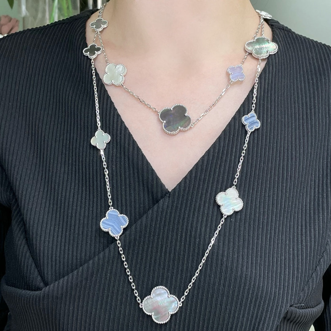 [Royal&Vicky]CLOVER 16 MOTIF CHALCEDONY MOP SILVER NECKLACE