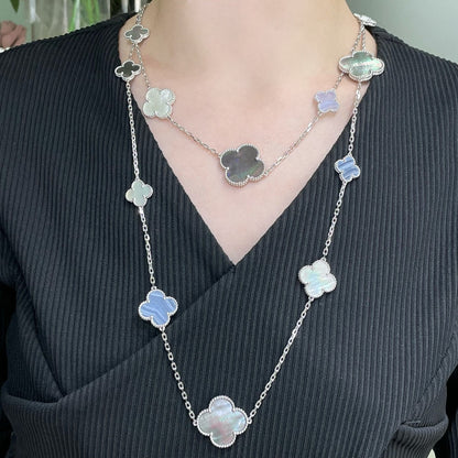 [Royal&Vicky]CLOVER 16 MOTIF CHALCEDONY MOP SILVER NECKLACE