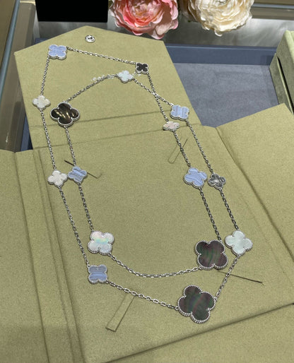 [Royal&Vicky]CLOVER 16 MOTIF CHALCEDONY MOP SILVER NECKLACE