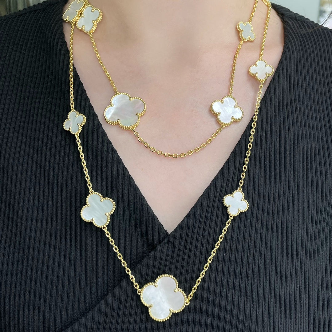 [Royal&Vicky]CLOVER 16 MOTIF WHITE MOP GOLD NECKLACE