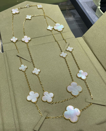[Royal&Vicky]CLOVER 16 MOTIF WHITE MOP GOLD NECKLACE