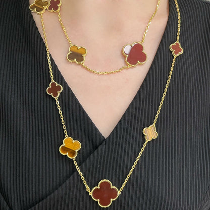 [Royal&Vicky]CLOVER 16 MOTIF CARNELIAN TIGER EYE ROSE GOLD NECKLACE