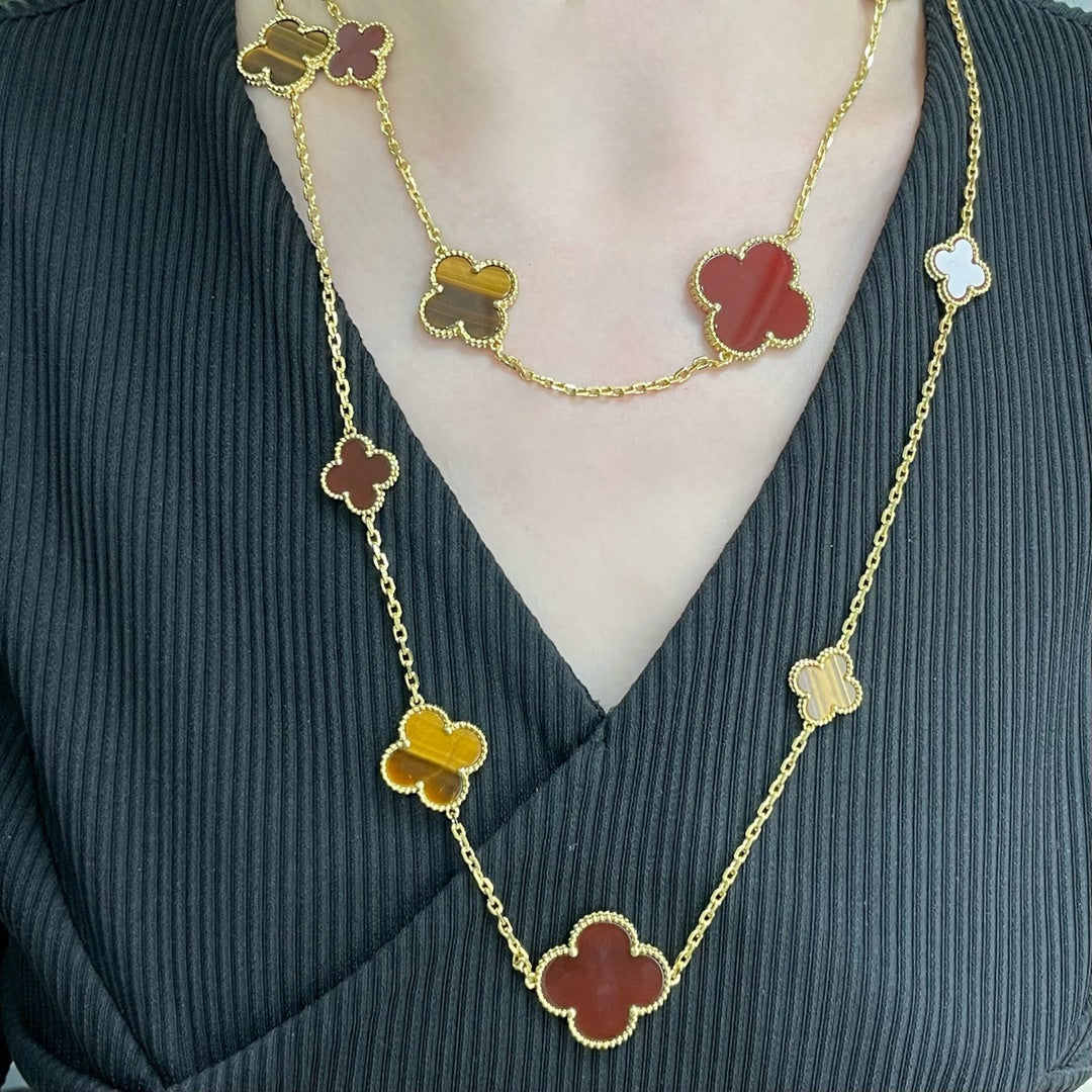 [Royal&Vicky]CLOVER 16 MOTIF CARNELIAN TIGER EYE ROSE GOLD NECKLACE