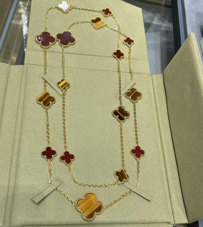 [Royal&Vicky]CLOVER 16 MOTIF CARNELIAN TIGER EYE ROSE GOLD NECKLACE