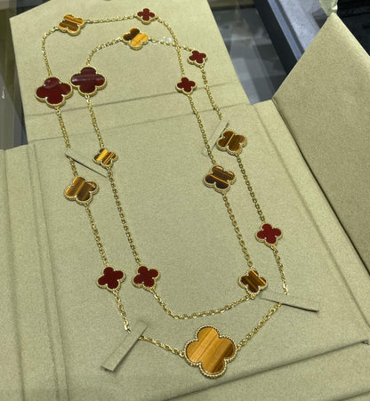[Royal&Vicky]CLOVER 16 MOTIF CARNELIAN TIGER EYE ROSE GOLD NECKLACE