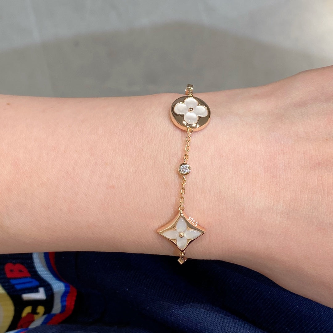 [Royal&Vicky]STAR AND SUN 4 MOTIF WHITE MOP PINK GOLD BRACELET