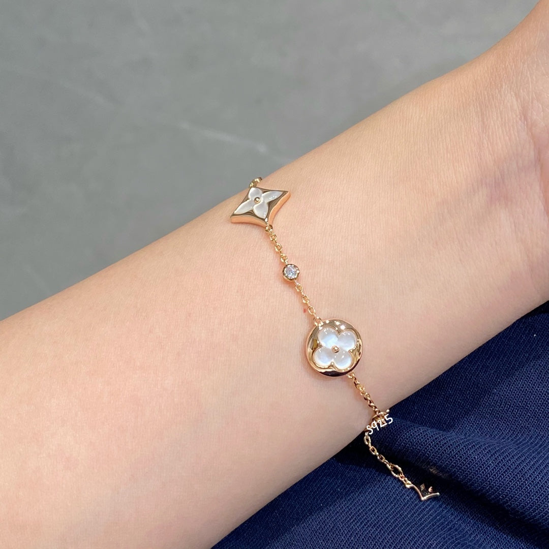 [Royal&Vicky]STAR AND SUN 4 MOTIF WHITE MOP PINK GOLD BRACELET