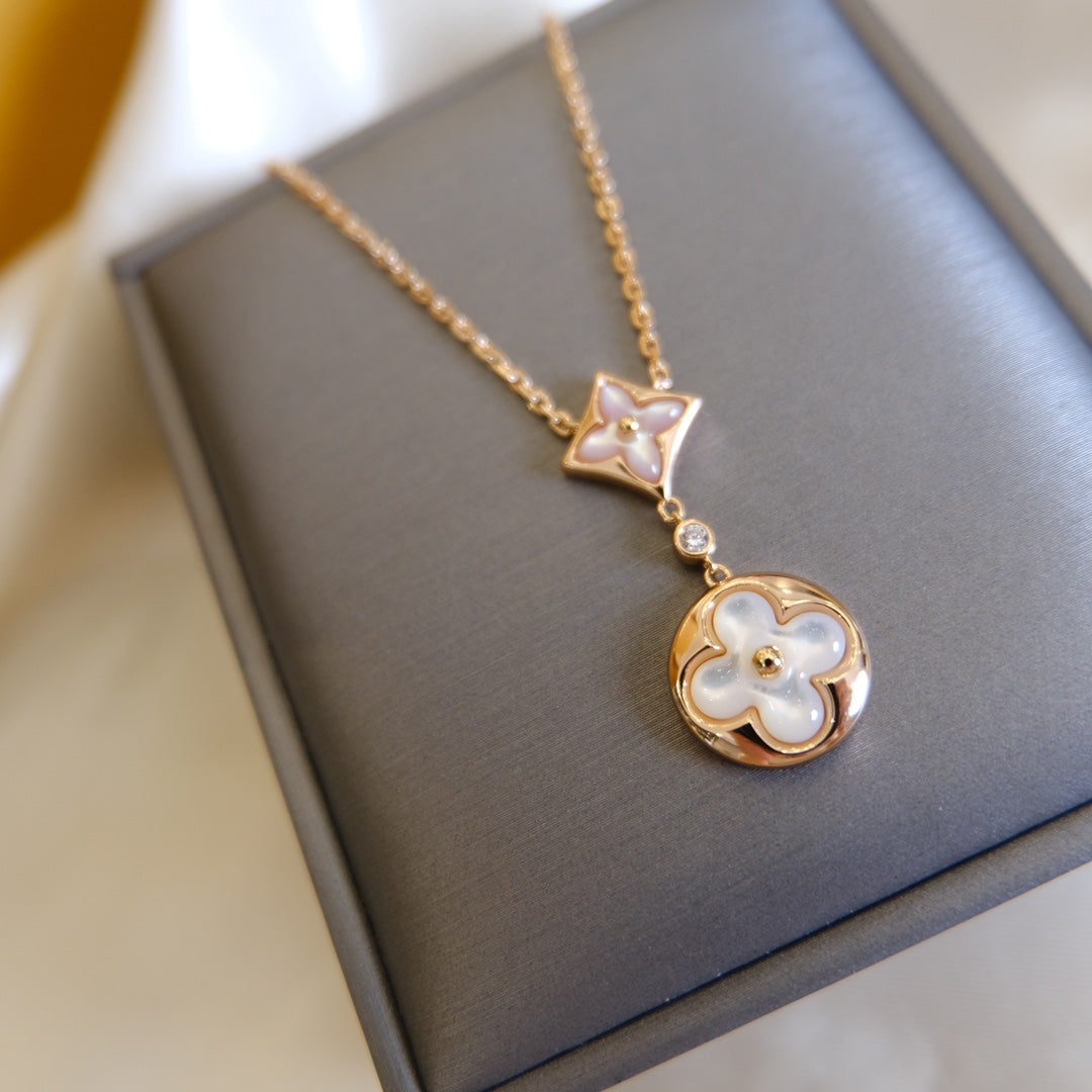[Royal&Vicky]STAR AND SUN WHITE MOP 2 MOTIF PINK GOLD NECKLACE