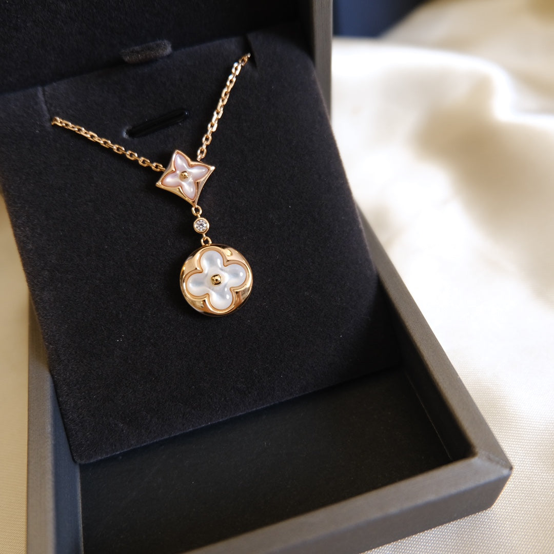 [Royal&Vicky]STAR AND SUN WHITE MOP 2 MOTIF PINK GOLD NECKLACE