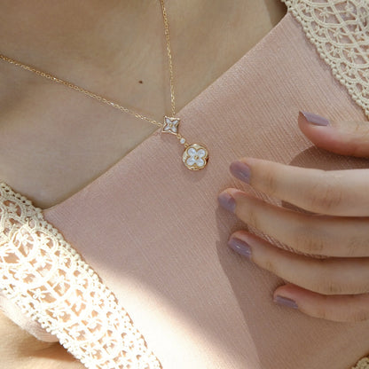 [Royal&Vicky]STAR AND SUN WHITE MOP 2 MOTIF PINK GOLD NECKLACE
