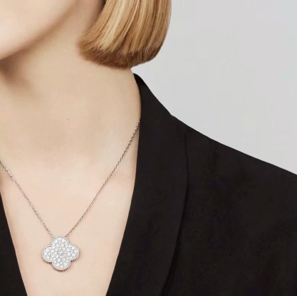 [Royal&Vicky]CLOVER 25MM LARGE PENDANT DIAMOND PAVED SILVER NECKLACE