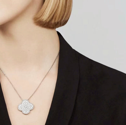 [Royal&Vicky]CLOVER 25MM LARGE PENDANT DIAMOND PAVED SILVER NECKLACE