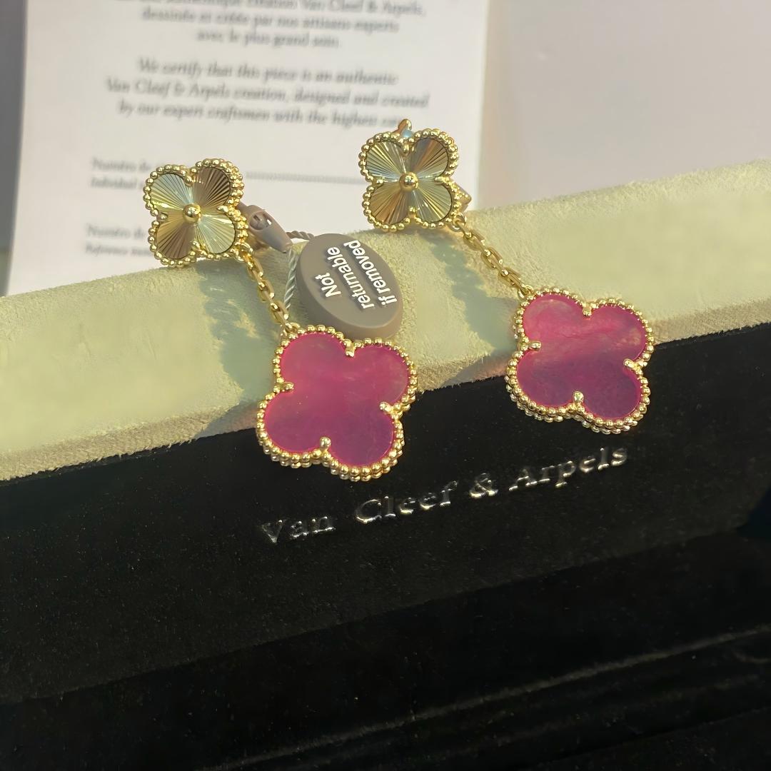 [Royal&Vicky]NEW CLOVER 2 MOTIF PINK ENAMEL EARRINGS