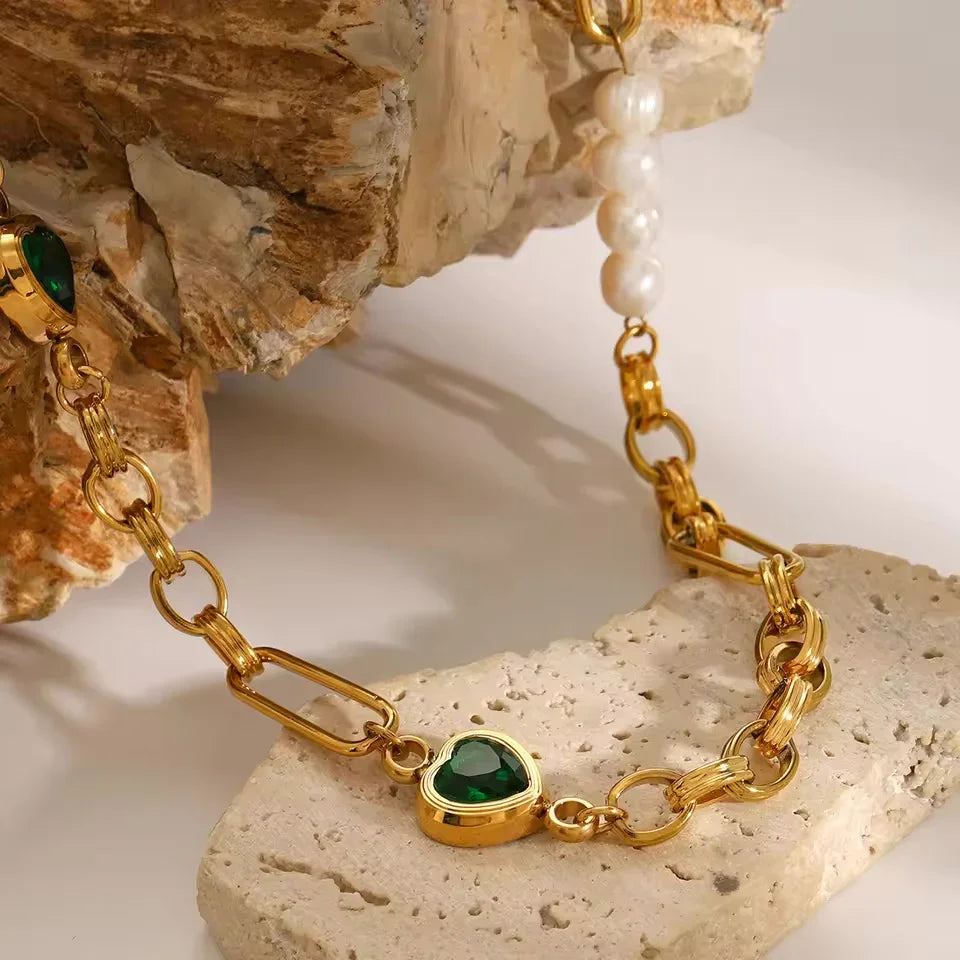 [Royal&Vicky]Melanie Emerald Pearl Bracelet