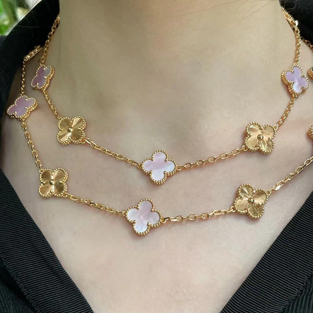 [Royal&Vicky]CLOVER 20 MOTIFS LASER PINK MOP NECKLACE