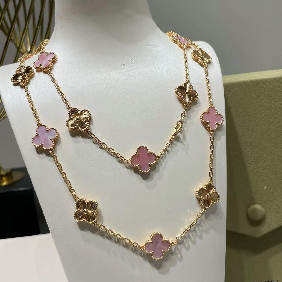 [Royal&Vicky]CLOVER 20 MOTIFS LASER PINK MOP NECKLACE