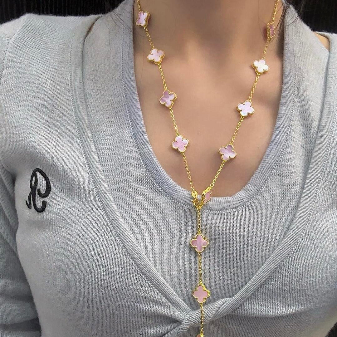 [Royal&Vicky]CLOVER 20 MOTIFS PINK MOP NECKLACE