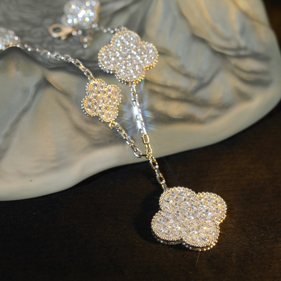 [Royal&Vicky]CLOVER BRACELET 5 MOTIF SILVER DIAMOND PAVED