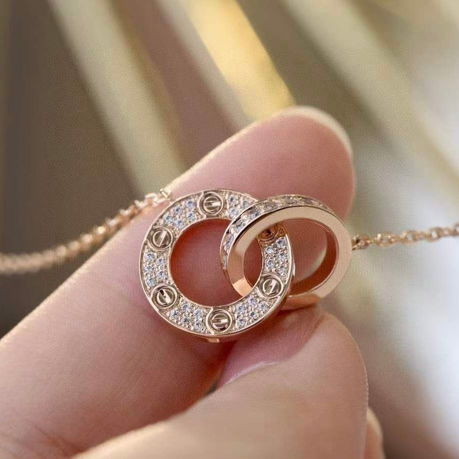[Royal&Vicky]LOVE 7.6MM NECKLACE ROSE GOLD AND SILVER  FULL DIAMOND