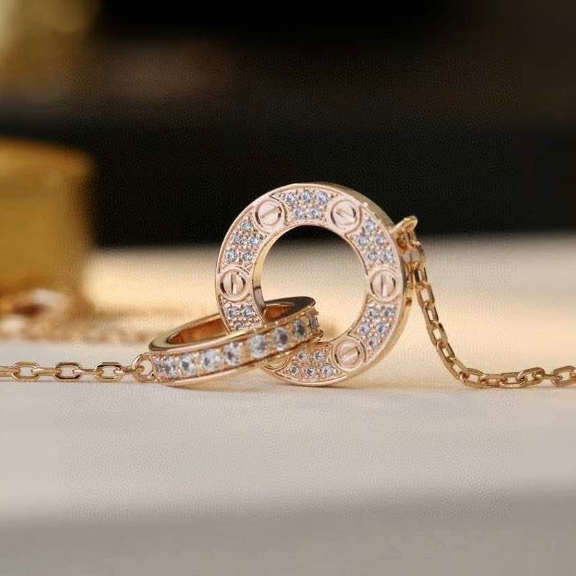 [Royal&Vicky]LOVE 7.6MM NECKLACE ROSE GOLD AND SILVER  FULL DIAMOND