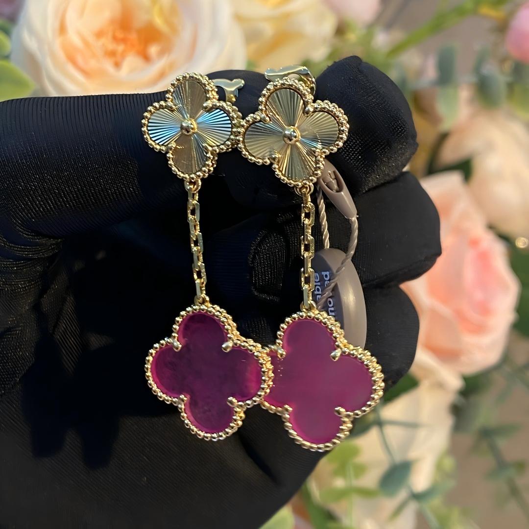 [Royal&Vicky]NEW CLOVER 2 MOTIF PINK ENAMEL EARRINGS