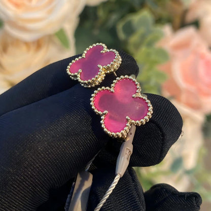 [Royal&Vicky]NEW CLOVER 15MM PINK ENAMEL STUD EARRINGS