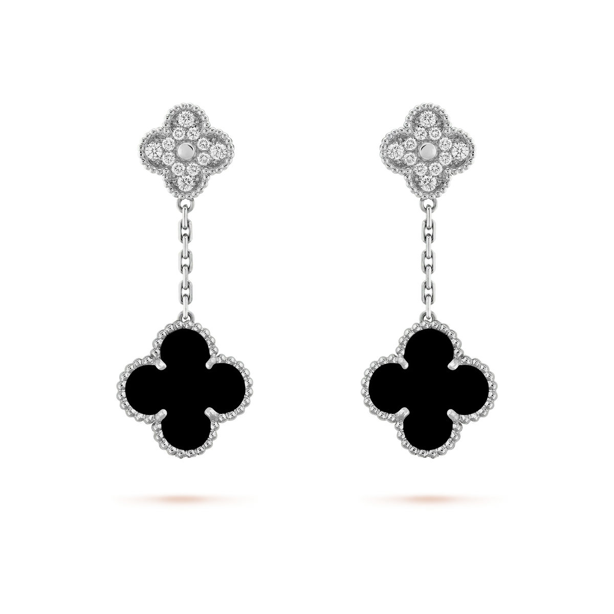 [Royal&Vicky]CLOVER 2 MOTIFS  DIAMOND ONYX EARRINGS SILVER
