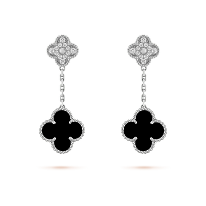 [Royal&Vicky]CLOVER 2 MOTIFS  DIAMOND ONYX EARRINGS SILVER