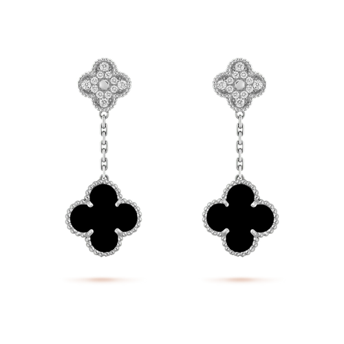 [Royal&Vicky]CLOVER 2 MOTIFS  DIAMOND ONYX EARRINGS SILVER