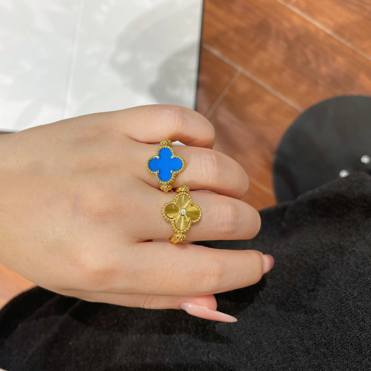 [Royal&Vicky]CLOVER RIVERSIBLE BLUE AGATE RING
