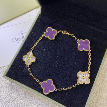 [Royal&Vicky]CLOVER  5 MOTIFS  PURPLE VIOLET DIAMOND BRACELET