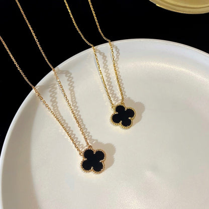 [Royal&Vicky]CLOVER 15MM BLACK ONYX SINGLE FLOWER NECKLACE
