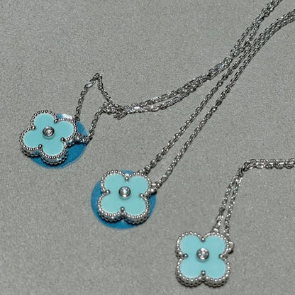 [Royal&Vicky]CLOVER 1 DIAMOND LIGHT BLUE SILVER NECKLACE