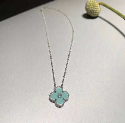 [Royal&Vicky]CLOVER 1 DIAMOND LIGHT BLUE SILVER NECKLACE