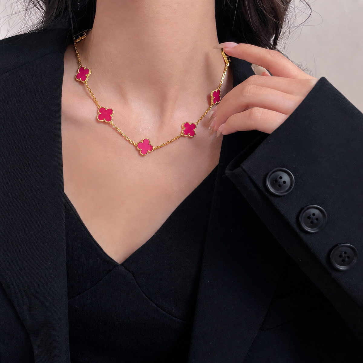 [Royal&Vicky]NEW CLOVER 10 MOTIFS PINK ENAMEL NECKLACE