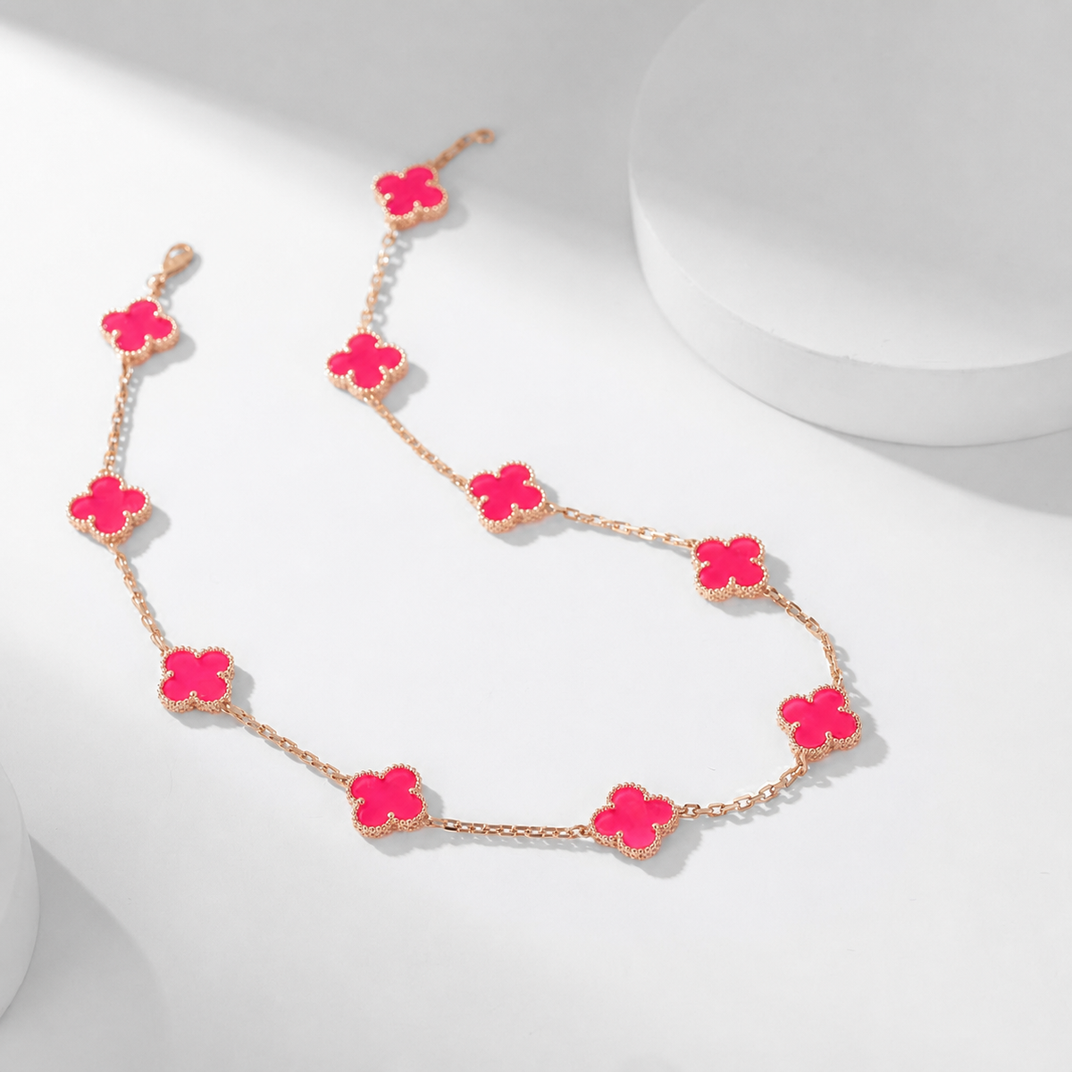[Royal&Vicky]NEW CLOVER 10 MOTIFS PINK ENAMEL NECKLACE