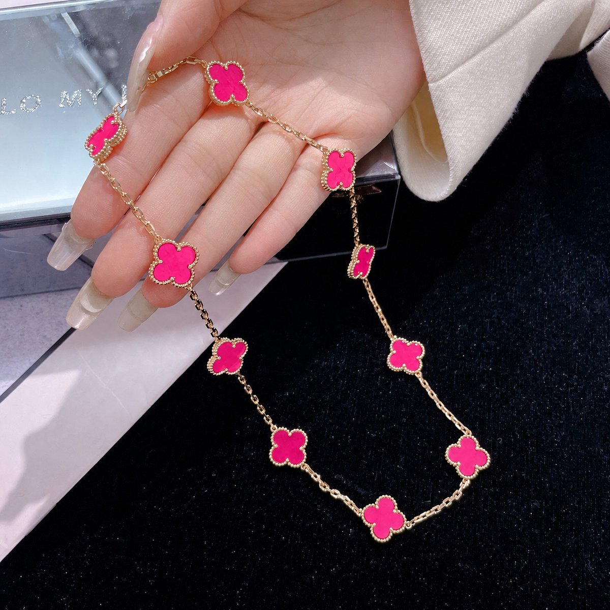 [Royal&Vicky]NEW CLOVER 10 MOTIFS PINK ENAMEL NECKLACE
