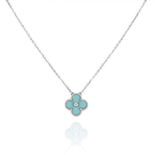 [Royal&Vicky]CLOVER 1 DIAMOND LIGHT BLUE SILVER NECKLACE